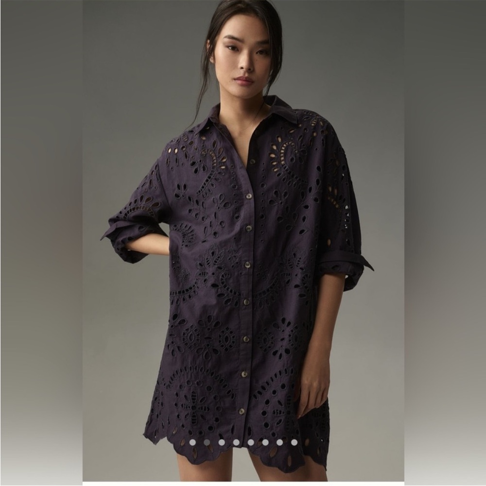 Anthropologie Navy Eyelet Shirt Dress
